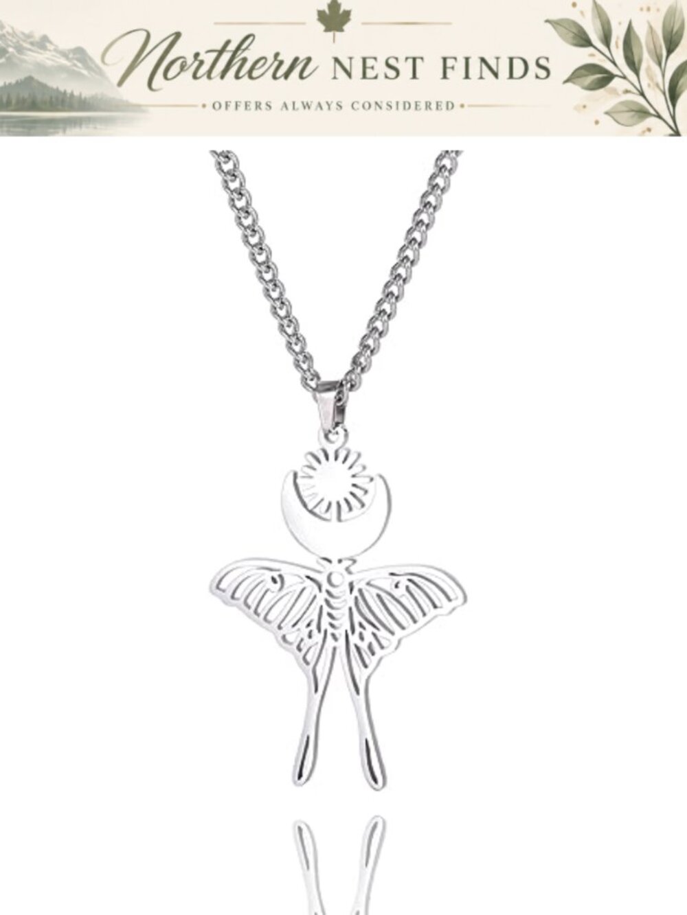 Stainless Steel Moth Butterfly Sun Moon Pendant Necklace